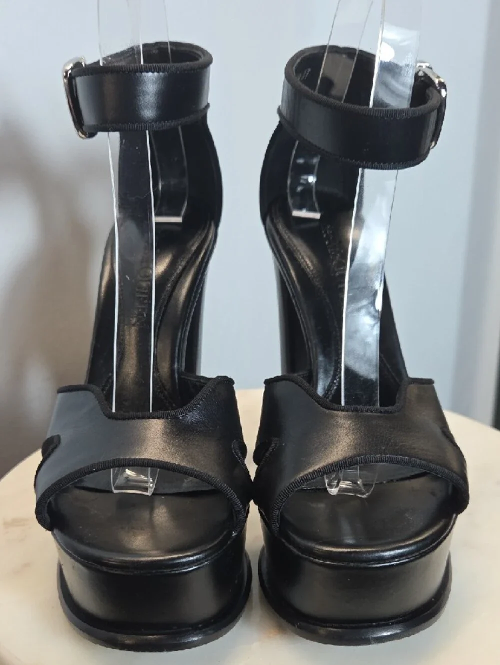 Alexander McQueen Black Leather Platform Ankle-Strap Sandals Size 37